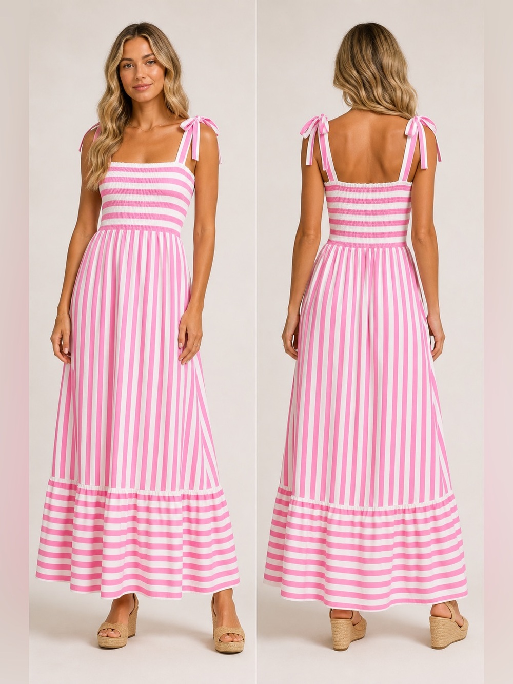 Striped Ruffle Maxi Dress Smocked Bust Tie Straps pink - Picture 2 of 3